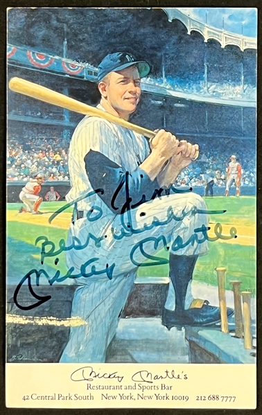 Mickey Mantle Signed "Mickey Mantles Restaurant" Postcard (Beckett Authentic)
