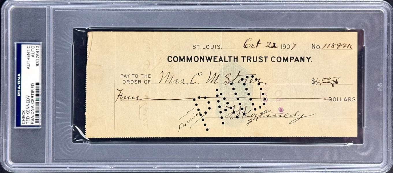 Ted Kennedy Signed 1907 Bank Check Inventor of the Catchers Mitt (Encapsulated by PSA/DNA)