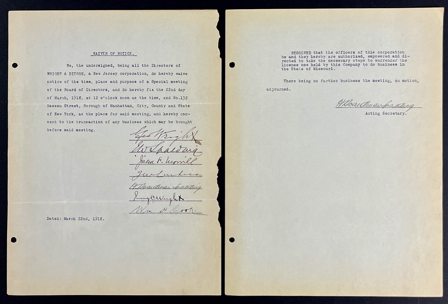 1918 George Wright Signed "Wright & Ditson" Company Documents