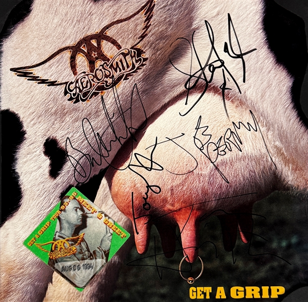 Aerosmith Band-Signed <em>Get a Grip</em> LP Cover Slick - Steven Tyler, Joe Perry, Tom Hamilton, Joey Kramer and Brad Whitford (Beckett Authentic)