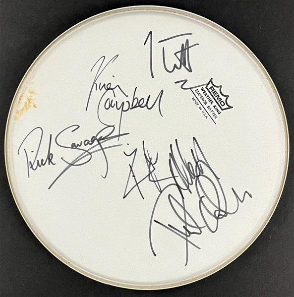 Def Leppard Band Signed Drum Head Joe Elliot, Rick Allen, Rick Savage, Vivian Campbell and Phil Collen (Beckett Authentic)