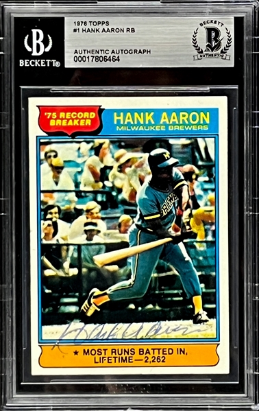 1976 Topps #1 Hank Aaron Record Breaker Signed Card (Encapsulated Beckett Authentic)