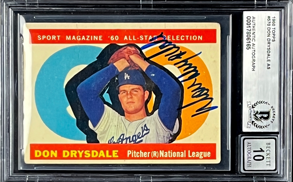 1960 Topps #570 Don Drysdale Signed Card (Auto. Grade 10 - Encapsulated Beckett Authentic)