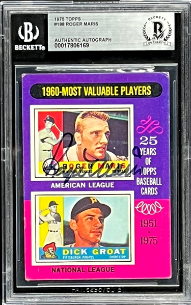 1975 Topps #198 1960-MVP Roger Maris Signed Card (Encapsulated Beckett Authentic)